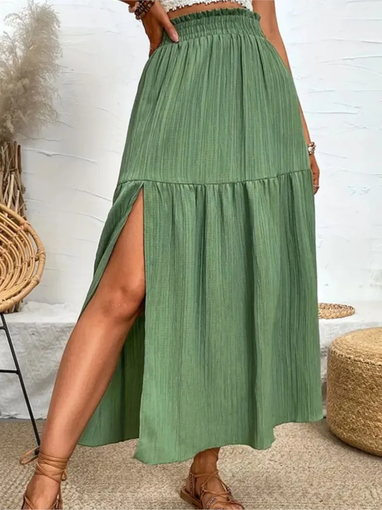 New Women Side Slit Skirt Spring Summer Fashion Bohemian Midi Skirt High Waist Solid A Line Ruffle Skirt Casual Beach Skirts
New Women Side Slit Skirt Spring Summer Fashion Bohemian Midi Skirt High Waist Solid A Line Ruffle Skirt Casual Beach Skirts
