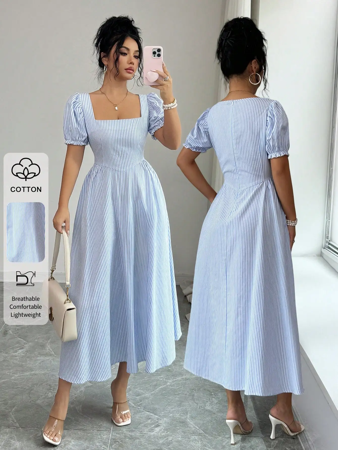 Cotton Blue Striped Maxi Dress with Square Neck and Puff Sleeves
Cotton Blue Striped Maxi Dress with Square Neck and Puff Sleeves