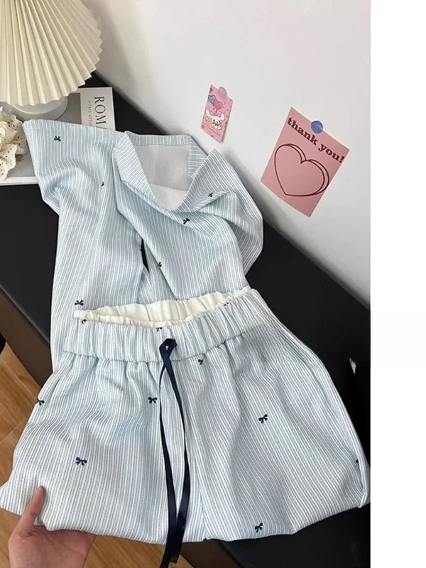Korean Style High Waist Wide Leg Pants Women's Casual Home Wear Knot Sleepwear Summer New Blue Stripes Trousers
Korean Style High Waist Wide Leg Pants Women's Casual Home Wear Knot Sleepwear Summer New Blue Stripes Trousers