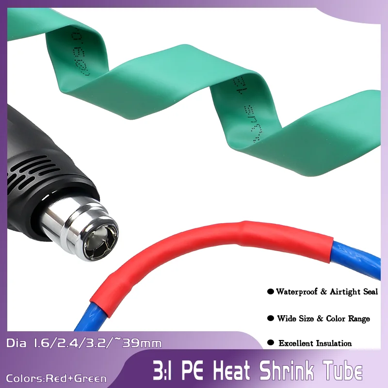 Waterproof 3:1 Dual Wall Adhesive Heat Shrink Tube, Polyolefin Sealing Sleeve for Wires, Red/Green (1.6-39mm) Wiring Accessories
Waterproof 3:1 Dual Wall Adhesive Heat Shrink Tube, Polyolefin Sealing Sleeve for Wires, Red/Green (1.6-39mm) Wiring Accessories