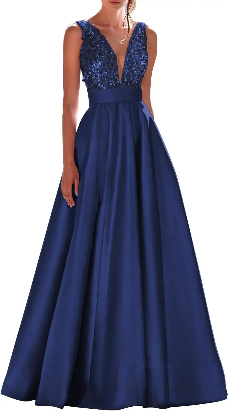 V Neck Satin Long Prom Dresses for Women 2026 Sequin Formal Dress A Line Backless Wedding Evening Gown with Pockets
V Neck Satin Long Prom Dresses for Women 2026 Sequin Formal Dress A Line Backless Wedding Evening Gown with Pockets