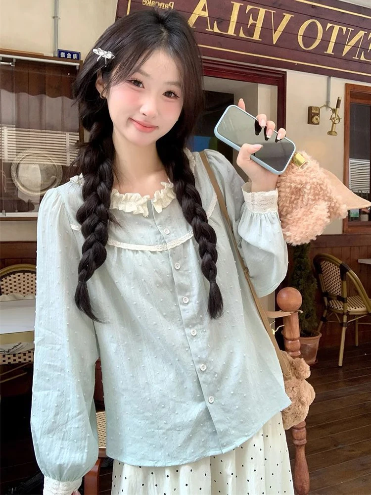 Jmprs Korean Sweet Shirts Women Lace Patchwork Long Sleeve Elegant Blouse Loose Preppy Style Female Fashion Green Dot Top Spring
Jmprs Korean Sweet Shirts Women Lace Patchwork Long Sleeve Elegant Blouse Loose Preppy Style Female Fashion Green Dot Top Spring