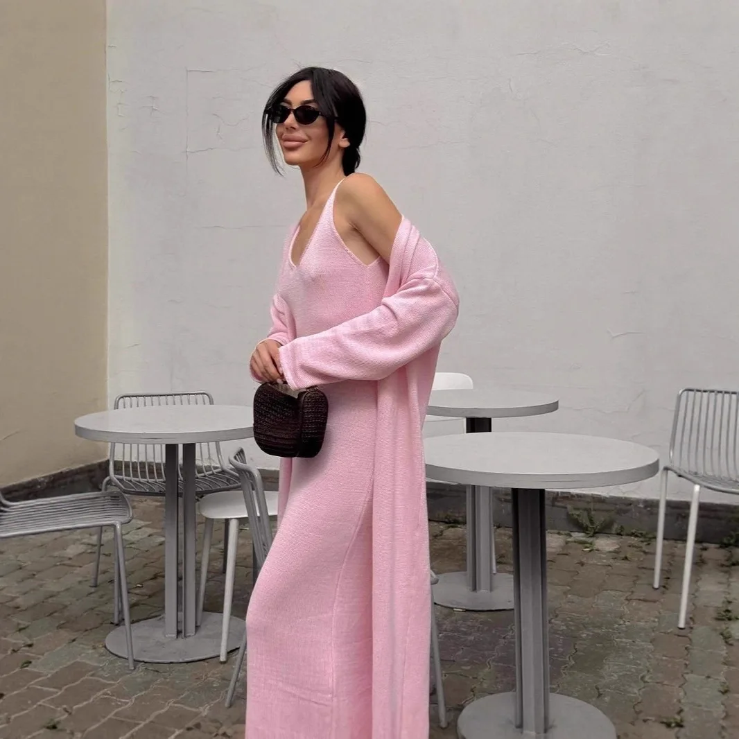 Dress Suit Women Knitted Cardigan Dresses 2 Piece Sets V Neck Sundress Long Coat Outfits Sexy Office Lady Knit Ensemble 2026
Dress Suit Women Knitted Cardigan Dresses 2 Piece Sets V Neck Sundress Long Coat Outfits Sexy Office Lady Knit Ensemble 2026
