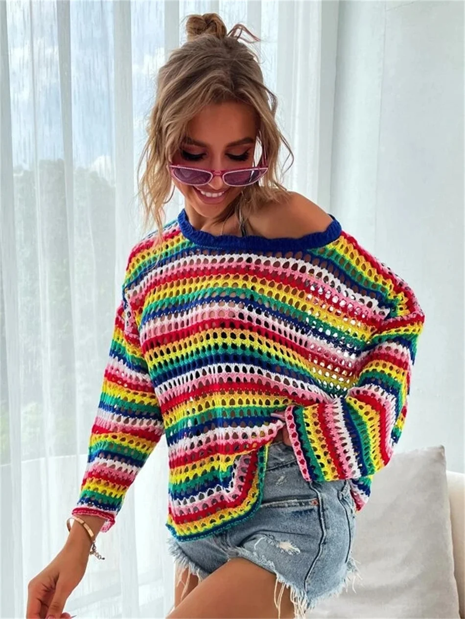 Spring and autumn new fashion patchwork knitted top loose U-neck hollowed-out striped sweater for women S-XXL
Spring and autumn new fashion patchwork knitted top loose U-neck hollowed-out striped sweater for women S-XXL