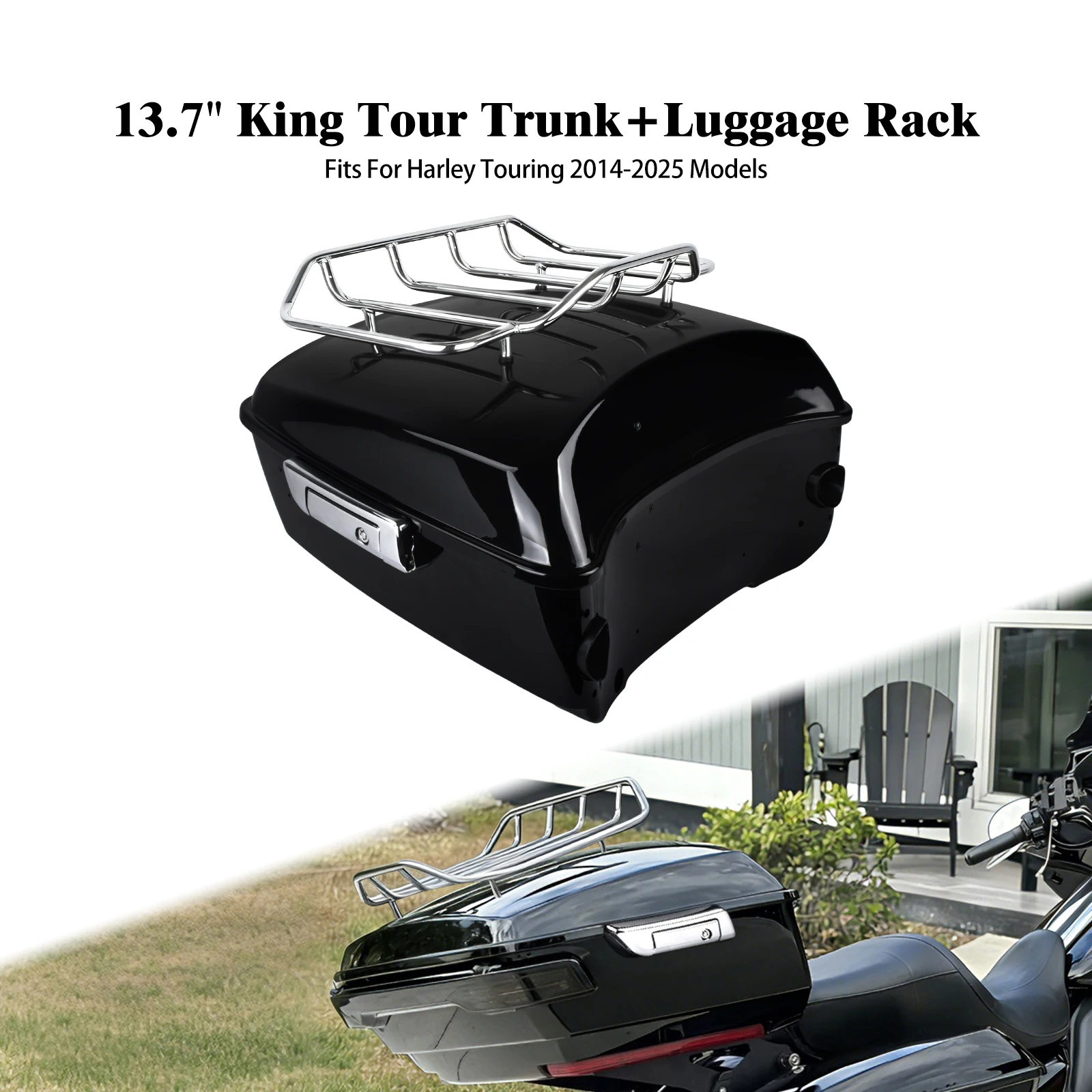 Motorcycle 13.7" King Tour Trunk + Luggage Rack Rear Top Bags Box With Latches For Harley Touring Road Street Glide FLHX 2014-25
Motorcycle 13.7" King Tour Trunk + Luggage Rack Rear Top Bags Box With Latches For Harley Touring Road Street Glide FLHX 2014-25