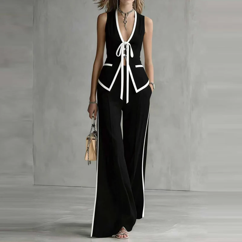 Elegant Office Deep V-neck Off Shoulder Suit Summer Chic Lace Up Sleeveless Outfit Sexy Slim Fit Top With Wide Leg Pants 2pc Set
Elegant Office Deep V-neck Off Shoulder Suit Summer Chic Lace Up Sleeveless Outfit Sexy Slim Fit Top With Wide Leg Pants 2pc Set