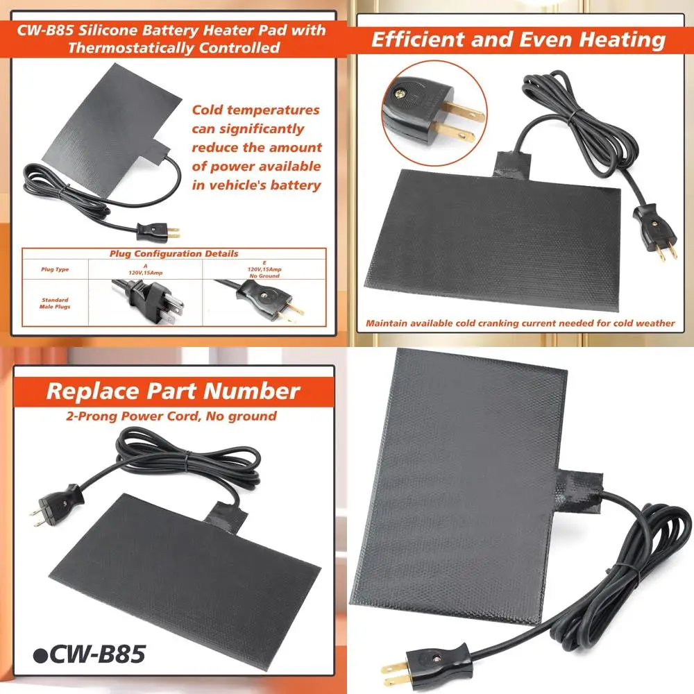 CW-B85 Silicone Battery Heater Pad with Thermostatically Controlled 60 Watts 120 Volts 2-Prong Power Cord Replacement for Automo
CW-B85 Silicone Battery Heater Pad with Thermostatically Controlled 60 Watts 120 Volts 2-Prong Power Cord Replacement for Automo