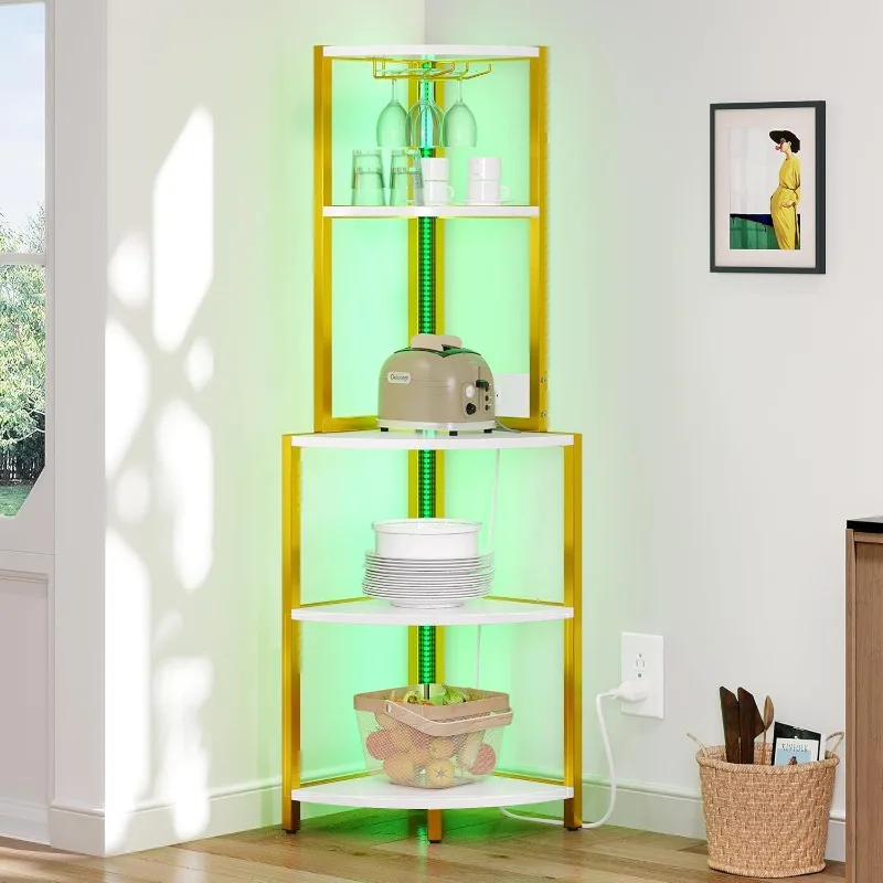 Corner Shelf with Power Outlets & LED Lights & Glass Holder, 5 Tier Corner Bar Rack, Corner Storage Cabinet
Corner Shelf with Power Outlets & LED Lights & Glass Holder, 5 Tier Corner Bar Rack, Corner Storage Cabinet