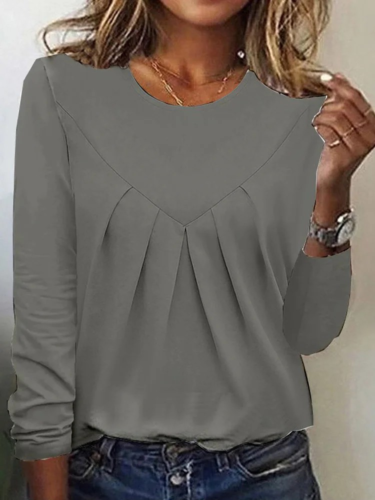 7 Classic Spring Autumn Top Women's Long Sleeve O Neck Simple Solid Color Pleated T-Shirt
7 Classic Spring Autumn Top Women's Long Sleeve O Neck Simple Solid Color Pleated T-Shirt