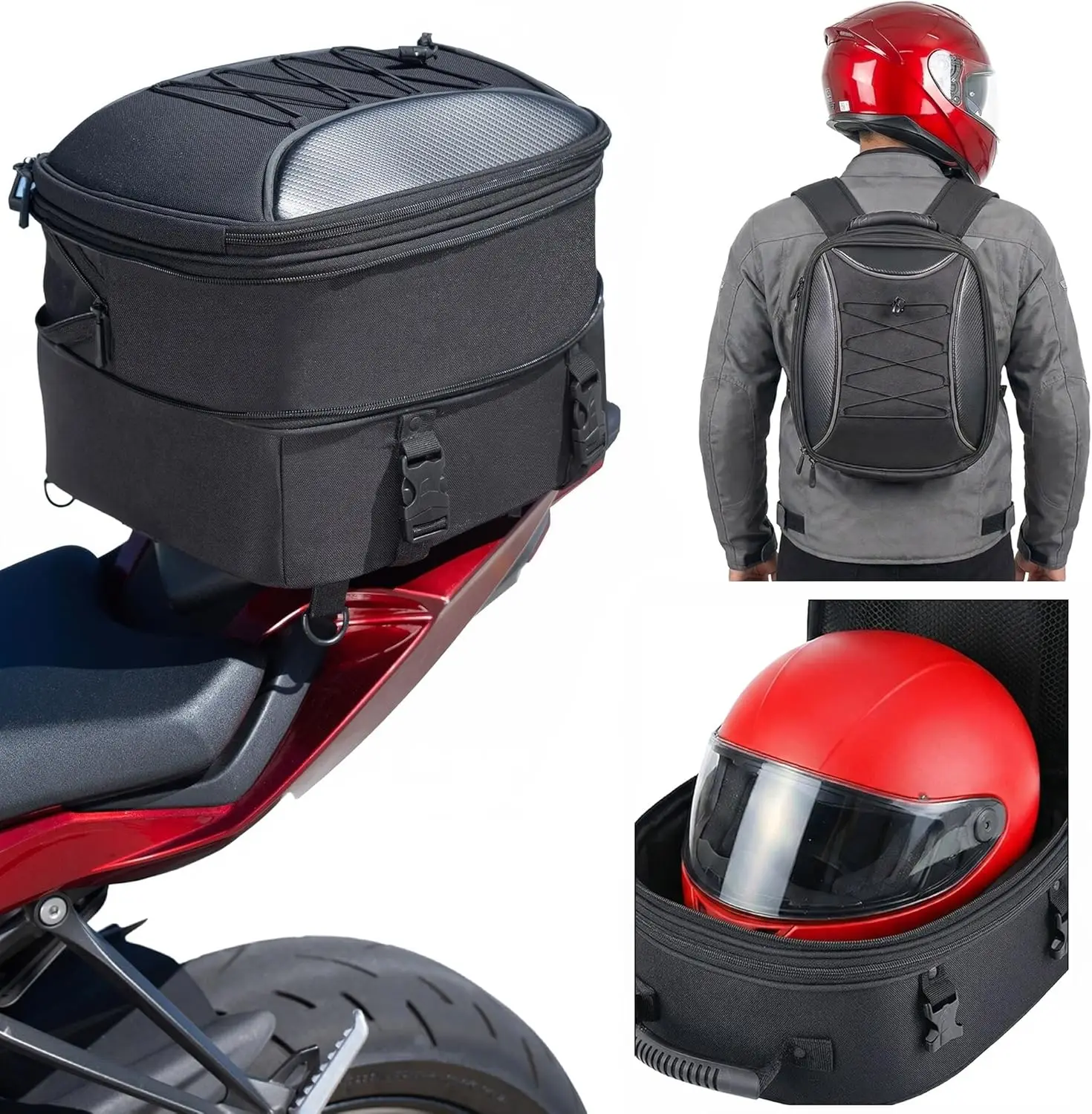 Expandable 22L-35L Motorcycle Tail Bag, Hard Shell Waterproof, Reflective, Converts to Backpack, Quick Release with Rain Cover
Expandable 22L-35L Motorcycle Tail Bag, Hard Shell Waterproof, Reflective, Converts to Backpack, Quick Release with Rain Cover
