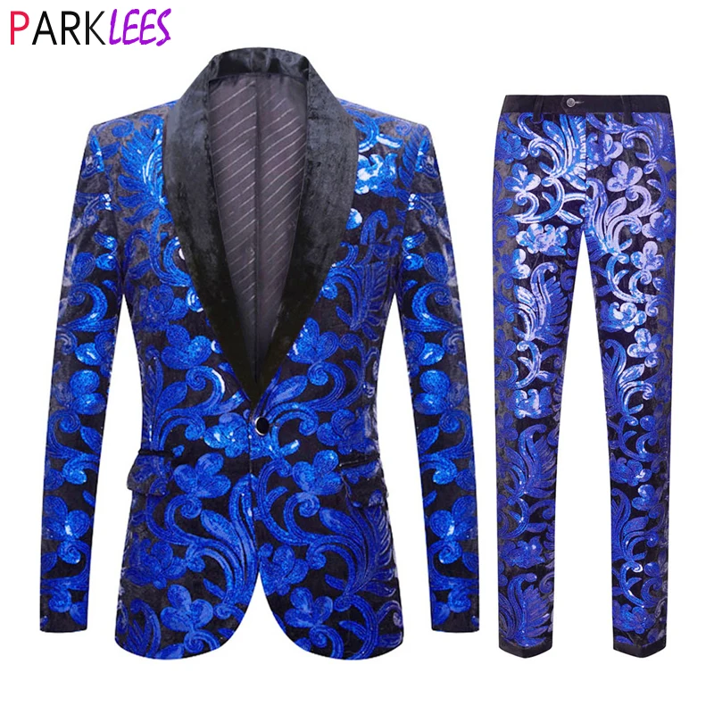 Luxury Royal Blue Velvet Sequin Floral Pattern Suits Pants Men Shawl Collar One Button Tuxedo Suits Men Party Prom Costume Homme
Luxury Royal Blue Velvet Sequin Floral Pattern Suits Pants Men Shawl Collar One Button Tuxedo Suits Men Party Prom Costume Homme