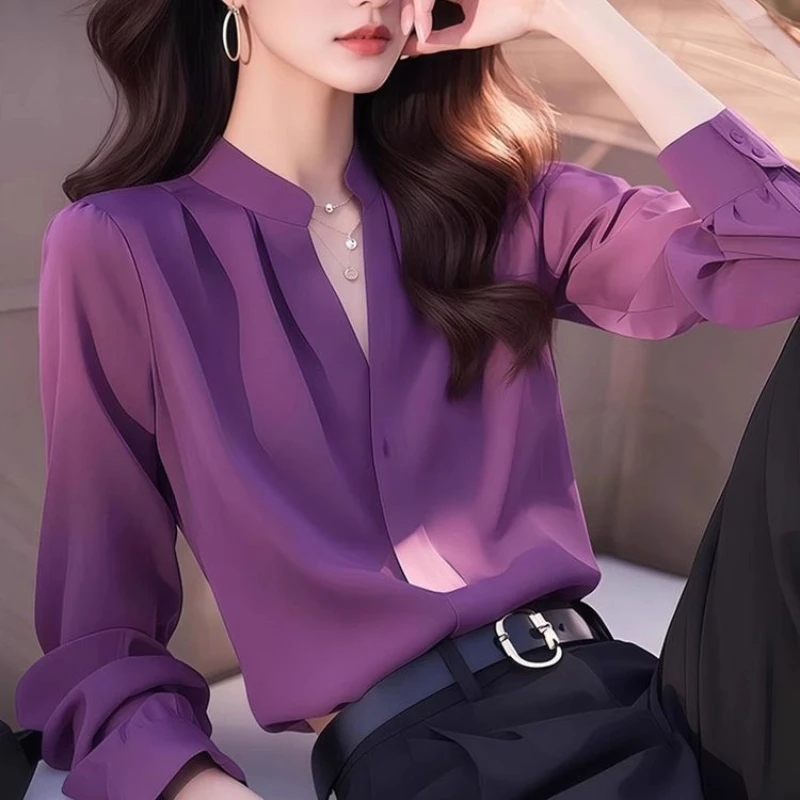 Women's Purple Chiffon Long Sleeve Blouse Spring New Fashion Elegant Unique Beautiful Tops Women Clothing
Women's Purple Chiffon Long Sleeve Blouse Spring New Fashion Elegant Unique Beautiful Tops Women Clothing