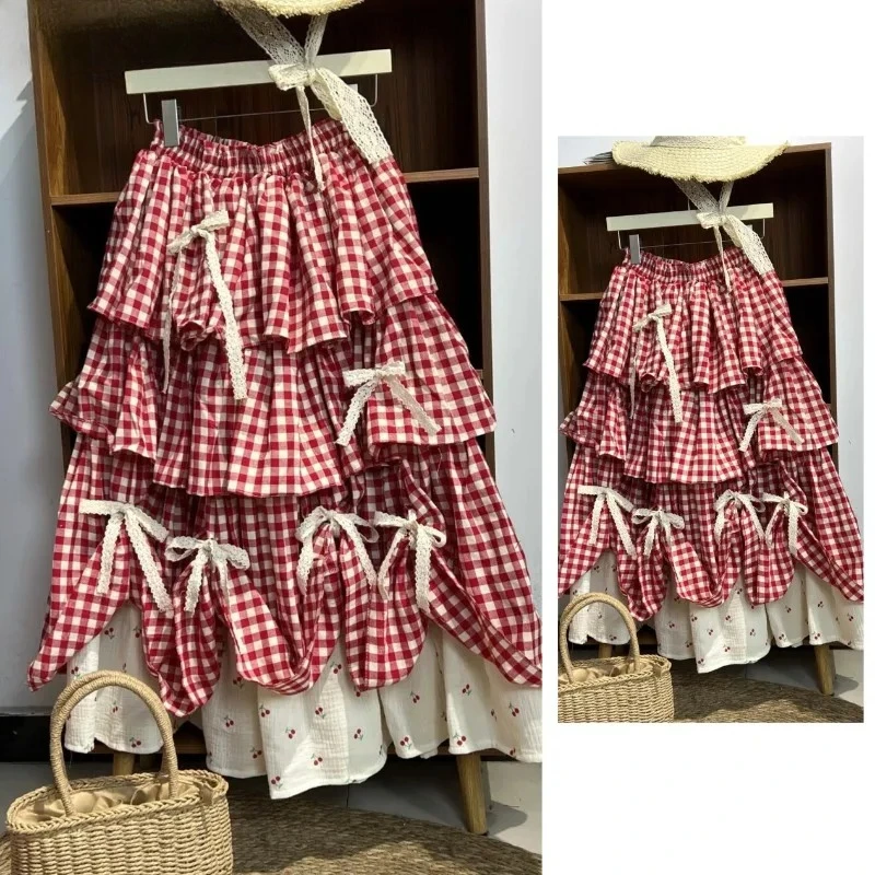 Sweet Cute Girls Versatile Bow Plaid Splicing Cake Skirts Summer New Girl Lace Elastic High Waist Mid-length Puffy Skirts
Sweet Cute Girls Versatile Bow Plaid Splicing Cake Skirts Summer New Girl Lace Elastic High Waist Mid-length Puffy Skirts