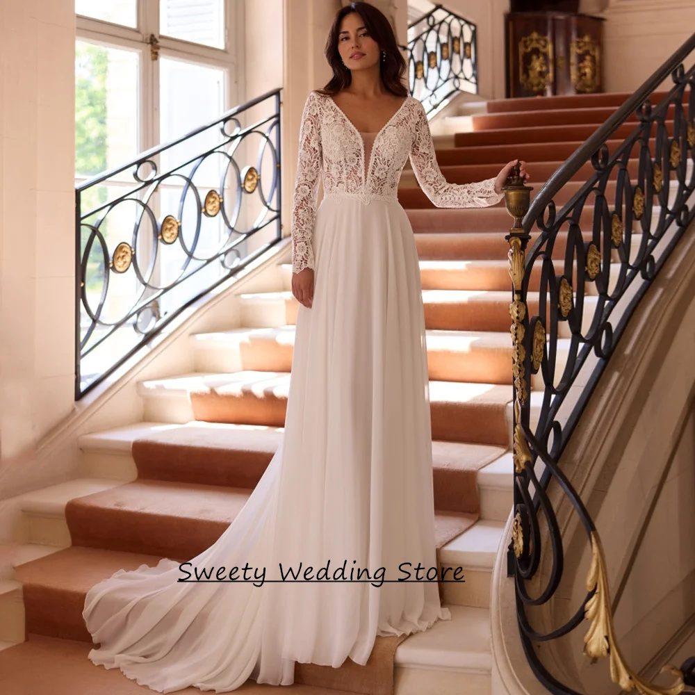 Woman Wedding Dress Customized V Neck Long Sleeves See Through Bohemian Lace Chiffon Bride Bridal Gown Vestido Noiva
Woman Wedding Dress Customized V Neck Long Sleeves See Through Bohemian Lace Chiffon Bride Bridal Gown Vestido Noiva