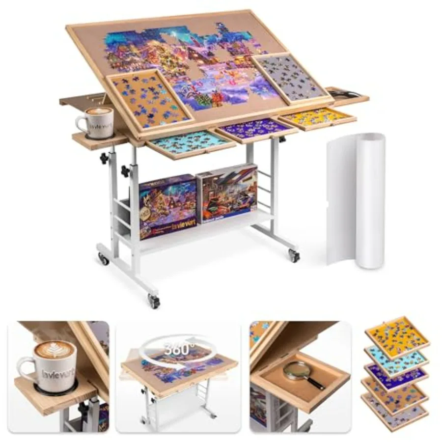 Puzzle table for adults: wooden, brown, 1500-piece tilting design with 5 drawers, adjustable angle/height, removable cup holder
Puzzle table for adults: wooden, brown, 1500-piece tilting design with 5 drawers, adjustable angle/height, removable cup holder
