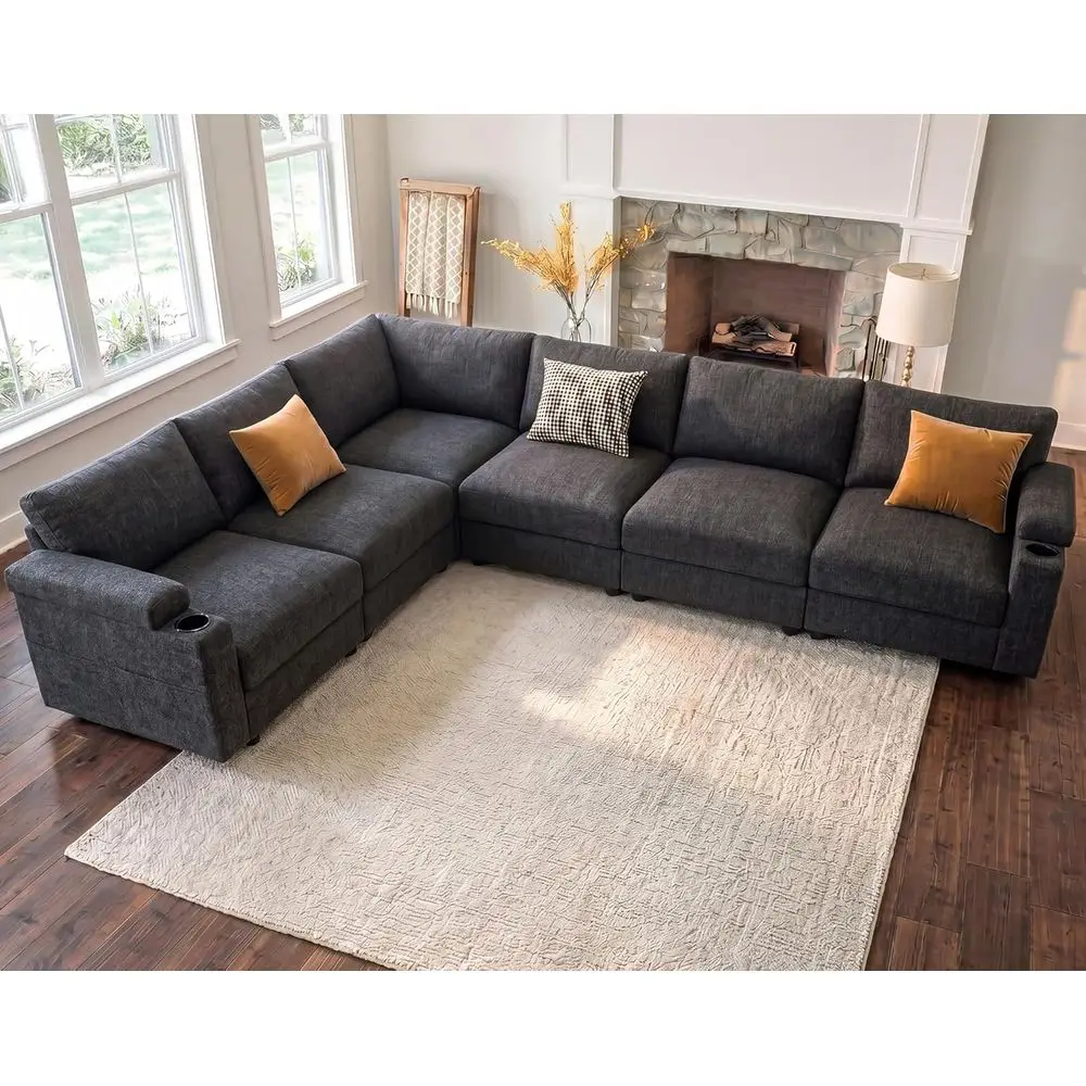Oversized Chenille Grey V-Shaped 6-Seat L-Shaped Sleeper Sofa with Detachable Armrests and Chaise
Oversized Chenille Grey V-Shaped 6-Seat L-Shaped Sleeper Sofa with Detachable Armrests and Chaise
