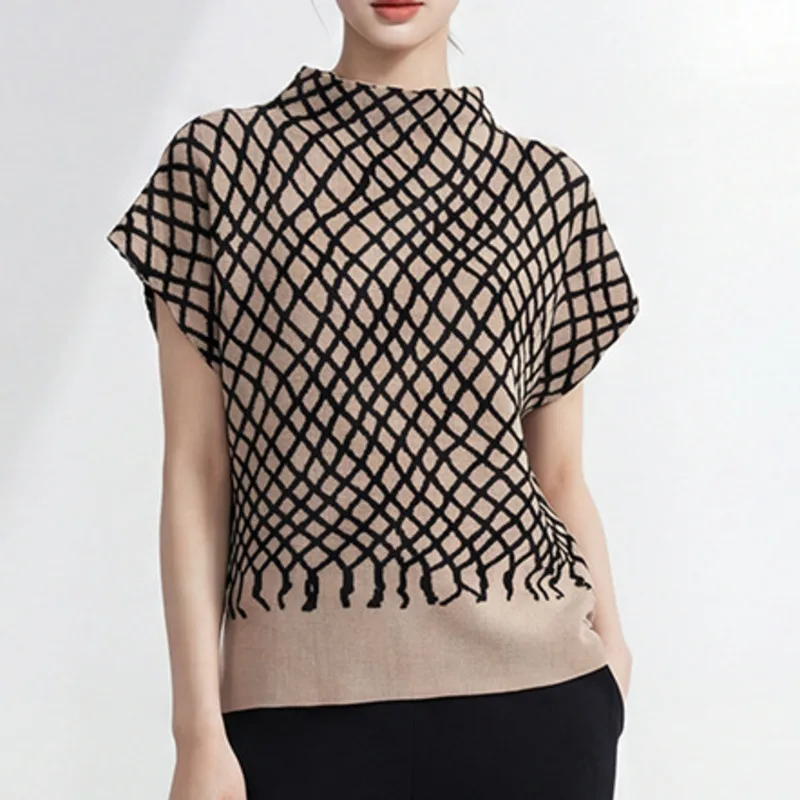 Miyake Pleated Khaki Grid Print Mock Neck Cap Sleeve Top Oversized Breathable Elastic Casual Summer Women's Clothing Streetwear
Miyake Pleated Khaki Grid Print Mock Neck Cap Sleeve Top Oversized Breathable Elastic Casual Summer Women's Clothing Streetwear