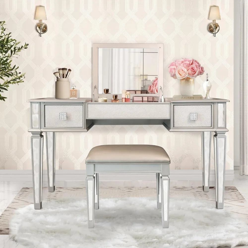 Mirrored Vanity Desk Set with Flip-Up Mirror & Stool, Multifunctional Makeup Dressing Table and Workstation with Camping Lounge
Mirrored Vanity Desk Set with Flip-Up Mirror & Stool, Multifunctional Makeup Dressing Table and Workstation with Camping Lounge