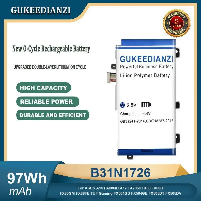 97Wh B31N1726 Battery For ASUS A15 FA506IU A17 FA706II FX80 FX80G FX80GM FX86FE TUF Gaming FX504GD FX504GE FX505DT FX505DV
97Wh B31N1726 Battery For ASUS A15 FA506IU A17 FA706II FX80 FX80G FX80GM FX86FE TUF Gaming FX504GD FX504GE FX505DT FX505DV