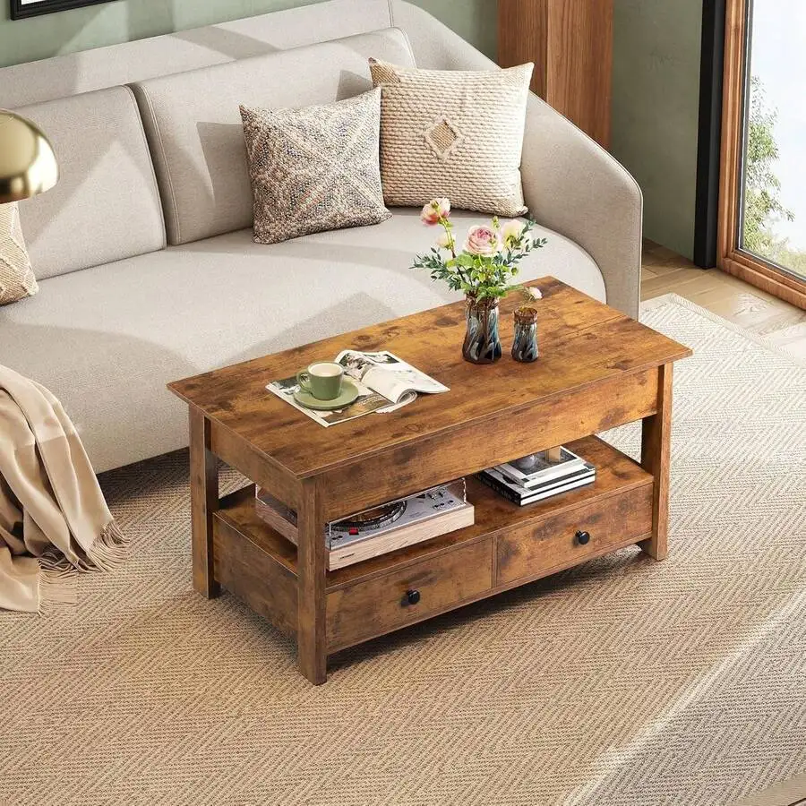 Rustic Brown Lift Top Coffee Table With 2 Drawers & Open Shelf, Large Storage For Living Room
Rustic Brown Lift Top Coffee Table With 2 Drawers & Open Shelf, Large Storage For Living Room