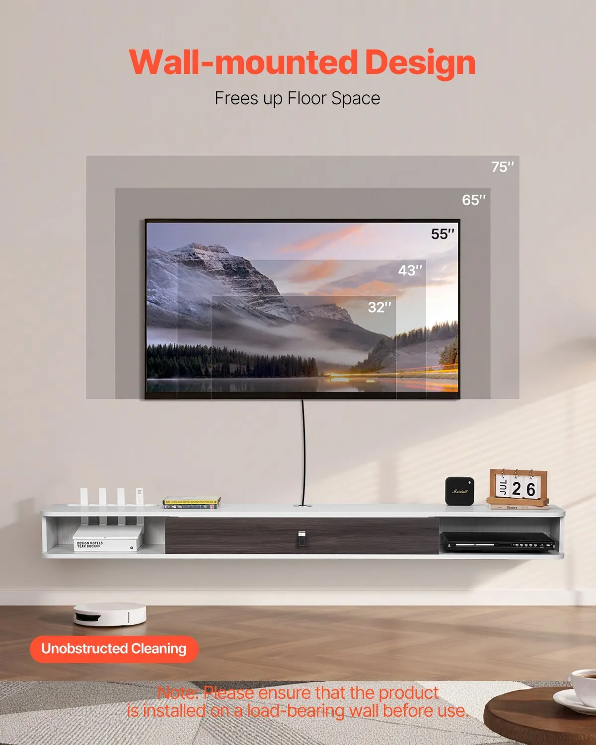 Floating TV Stand, 70 In Wall Mount Entertainment Center With Cable Hole, Modern Floating TV Shelf With Storage Cabinet, Particle Board Console For DVD Player, Cable Box, Game Console, White
Floating TV Stand, 70 In Wall Mount Entertainment Center With Cable Hole, Modern Floating TV Shelf With Storage Cabinet, Particle Board Console For DVD Player, Cable Box, Game Console, White
