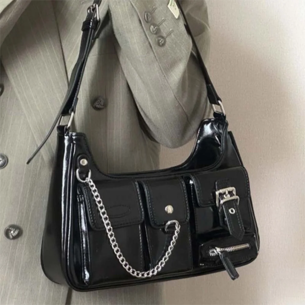 Fashion PU Leather Gothic Handbag Large Capacity Chain Underarm Shoulder Bag Multi-pocket Zipper Crossbody Bag 
Fashion PU Leather Gothic Handbag Large Capacity Chain Underarm Shoulder Bag Multi-pocket Zipper Crossbody Bag