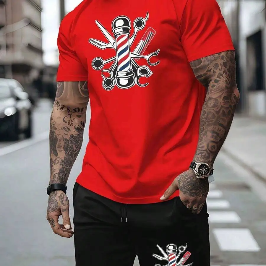 Mens Barber Shop Themed Short Sleeve T-Shirt And Shorts Set Casual Summer Outfit
Mens Barber Shop Themed Short Sleeve T-Shirt And Shorts Set Casual Summer Outfit