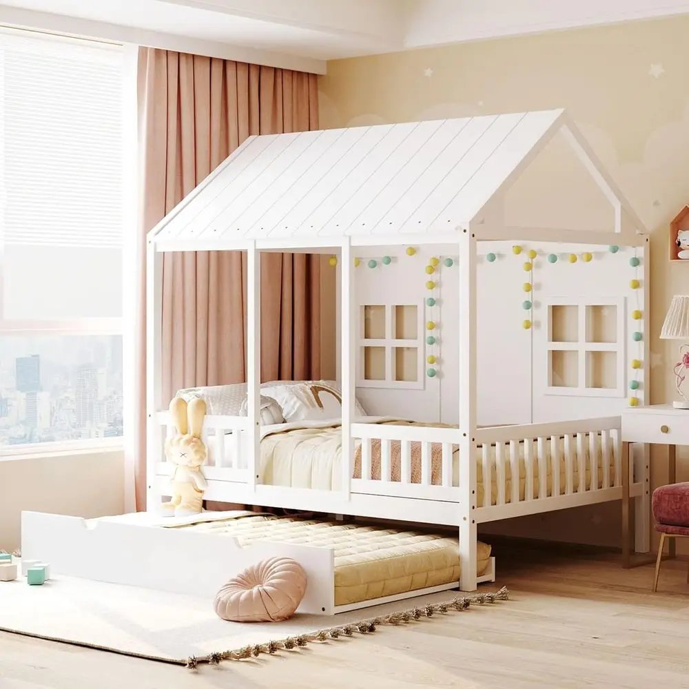 White Wooden Kids Playhouse Bed with Trundle and Storage, No Box Spring Needed
White Wooden Kids Playhouse Bed with Trundle and Storage, No Box Spring Needed
