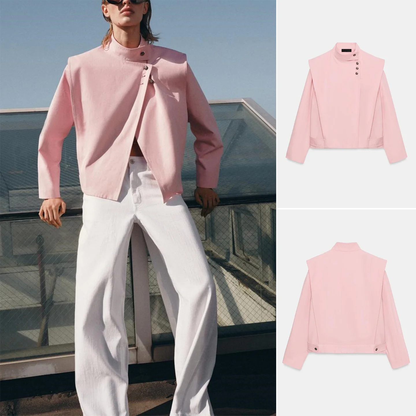 Summer New Women's Jacket Padded Shoulder Metal Button Long Sleeve Stand Collar Double Lapel Design Short Outerwear Coat
Summer New Women's Jacket Padded Shoulder Metal Button Long Sleeve Stand Collar Double Lapel Design Short Outerwear Coat