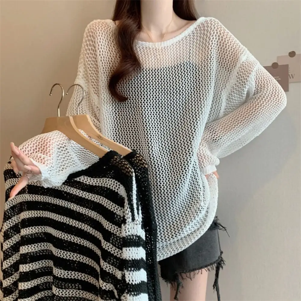 Fashion Casual Knitted Hollow Pullover Loose Beachwear Long Sleeve T Shirt Round Neck Stripe Crochet Top Women Summer
Fashion Casual Knitted Hollow Pullover Loose Beachwear Long Sleeve T Shirt Round Neck Stripe Crochet Top Women Summer