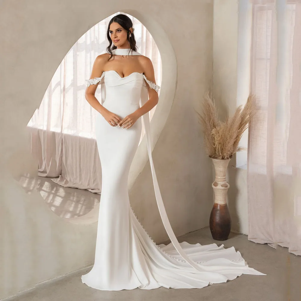 Floral Wedding Dresses 2026 Luxury Backless Mermaid Off Shoulder vestidos de noiva Sweep Train Satin Evening Dress Customized
Floral Wedding Dresses 2026 Luxury Backless Mermaid Off Shoulder vestidos de noiva Sweep Train Satin Evening Dress Customized