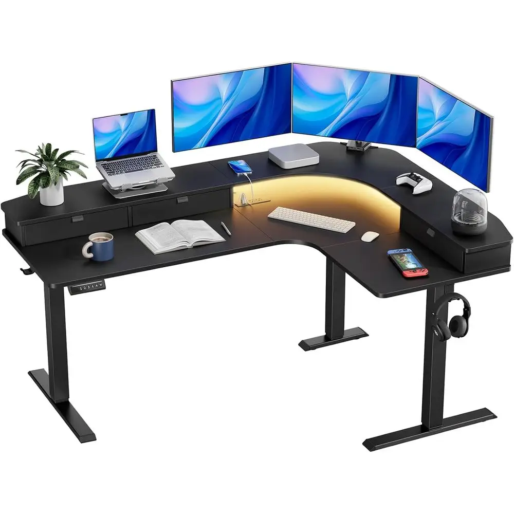 65 Electric Adjustable L-Shaped Desk with Power Outlets, LED Strip, 3 Desks in 1, Black
65 Electric Adjustable L-Shaped Desk with Power Outlets, LED Strip, 3 Desks in 1, Black