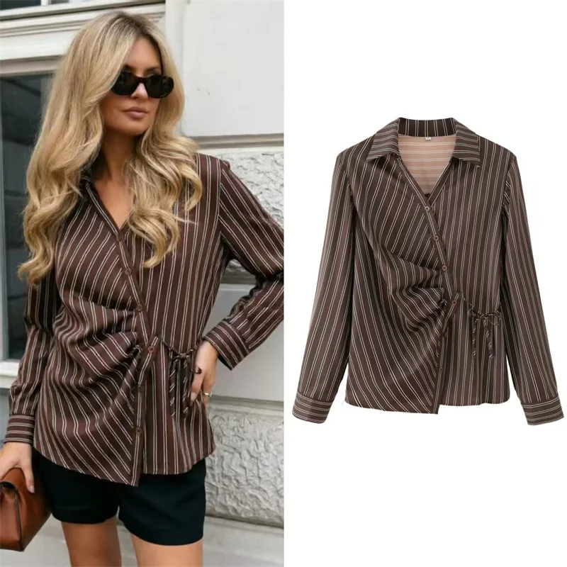 2026 Summer New Brown Striped Women's Shirt Long-Sleeve Vintage Slim Pleated Shirt Casual Fashion Versatile Style
2026 Summer New Brown Striped Women's Shirt Long-Sleeve Vintage Slim Pleated Shirt Casual Fashion Versatile Style