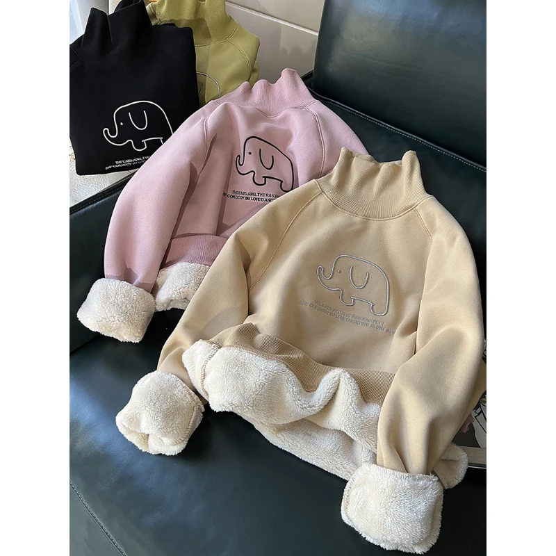 Korean Style High Collar Fleece Pullovers Letter Cartoon Embroidery Loose Sweatshirts Fall Winter Thick Thermal T-Shirt
Korean Style High Collar Fleece Pullovers Letter Cartoon Embroidery Loose Sweatshirts Fall Winter Thick Thermal T-Shirt