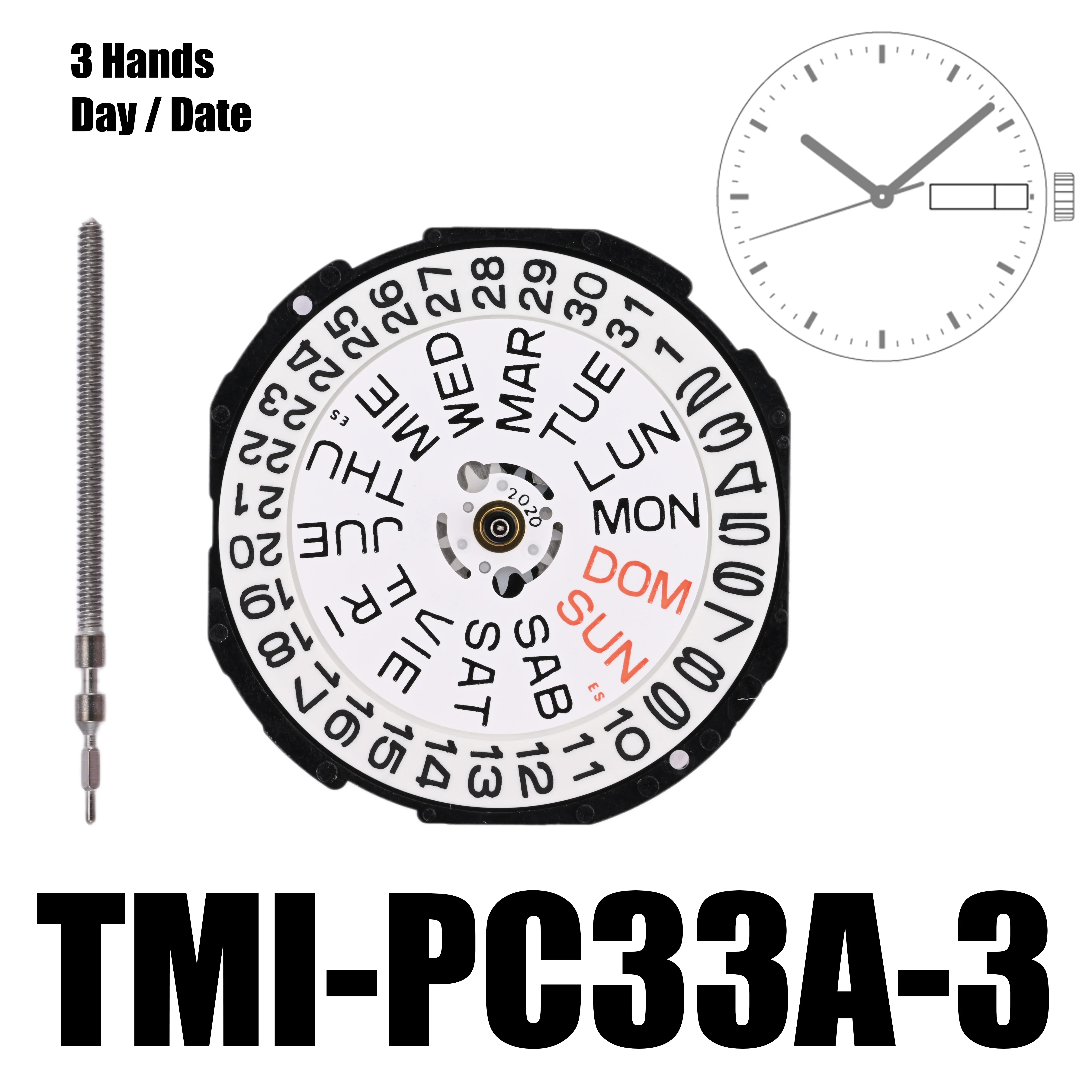 Стандартный двойной календарь TMI-PC33A, кварцевый механизм PC33A, 3 стрелки, день/дата, размер: 10 шт., высота: 4,15 мм
Стандартный двойной календарь TMI-PC33A, кварцевый механизм PC33A, 3 стрелки, день/дата, размер: 10 шт., высота: 4,15 мм