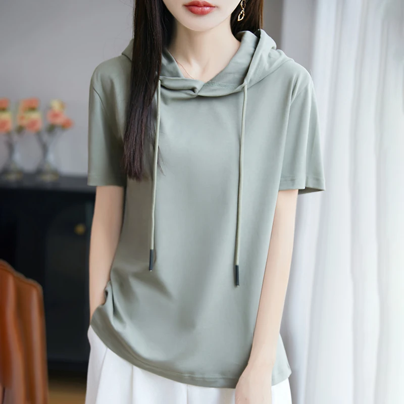 Summer Mercerized Cotton Solid Color T-shirt Women Loose Casual Joker Hooded Sweater Short Sleeve Cotton Top
Summer Mercerized Cotton Solid Color T-shirt Women Loose Casual Joker Hooded Sweater Short Sleeve Cotton Top