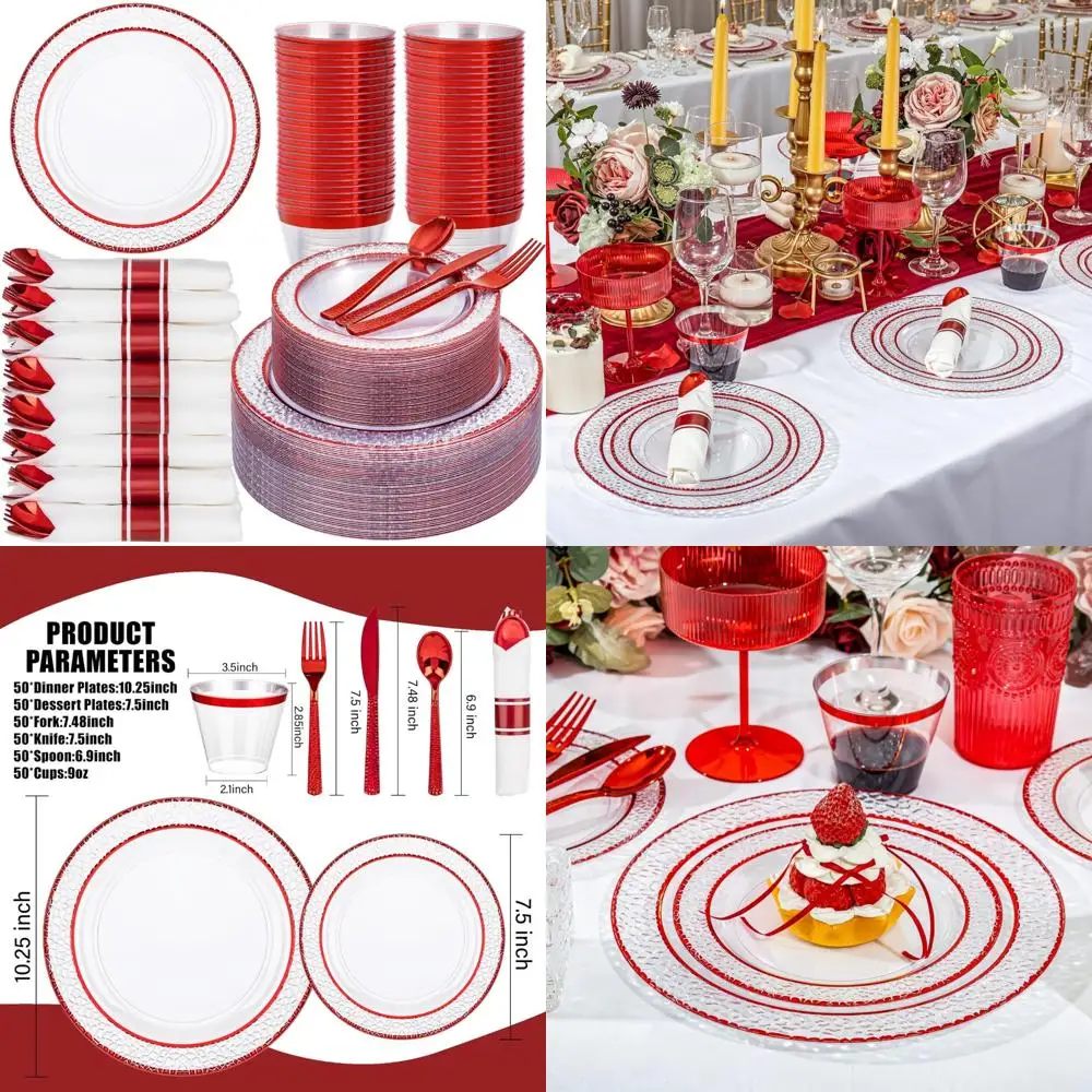Набор красной пластиковой посуды для 50 гостей: 100 прозрачных тарелок, 50 предварительно скрученных салфеток, идеально подходит для вечеринок и торжеств.
Набор красной пластиковой посуды для 50 гостей: 100 прозрачных тарелок, 50 предварительно скрученных салфеток, идеально подходит для вечеринок и торжеств.