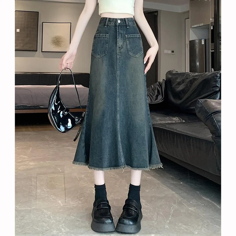 Summer High Street Women Korean Retro Jeans Skirts Girls High Waist Thin Mid-Long Skirts Female Raw Edge Design Denim Dress
Summer High Street Women Korean Retro Jeans Skirts Girls High Waist Thin Mid-Long Skirts Female Raw Edge Design Denim Dress