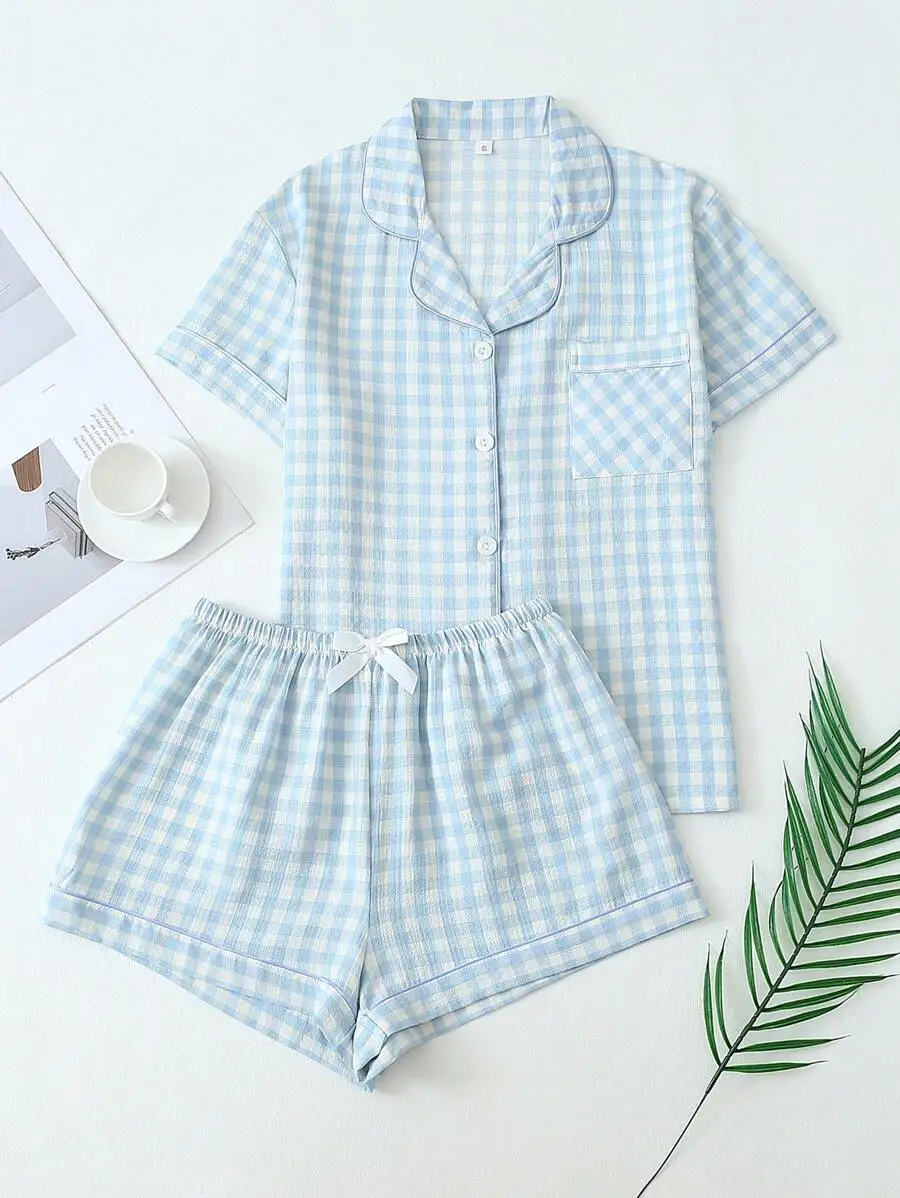2PCS Women Plaid Print Short Sleeve Button Down Pajama Set Summer Casual Sleepwear
2PCS Women Plaid Print Short Sleeve Button Down Pajama Set Summer Casual Sleepwear