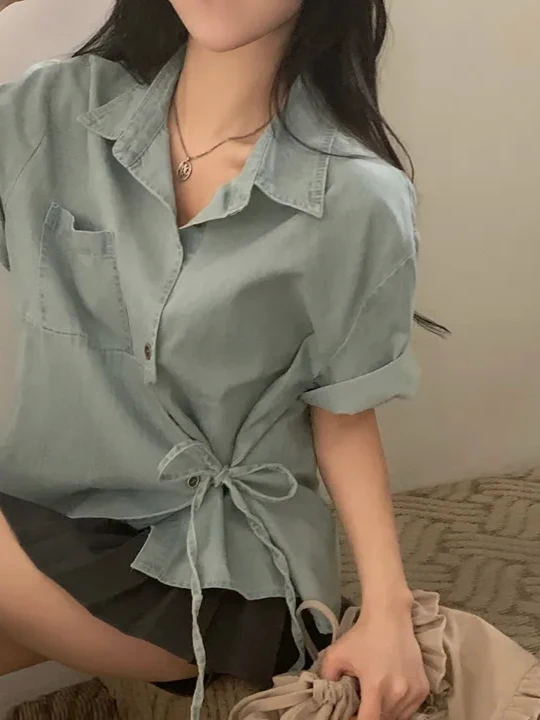 Korean Sle Casual Loose Fit ort Sve Denim irt Women's Faionable Versatile Knot Detail Summer New Arrival Top
Korean Sle Casual Loose Fit ort Sve Denim irt Women's Faionable Versatile Knot Detail Summer New Arrival Top