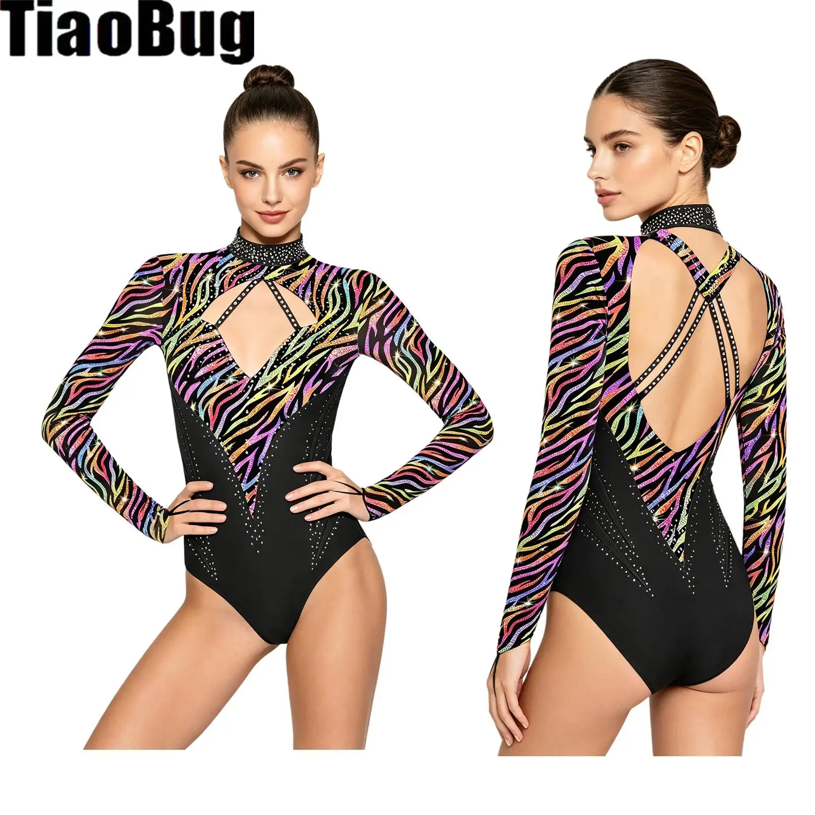 Women Sparkly Rhinestones Dance Leotard Front Cutout Backless Long Sleeve Buttoned Crotch Bodysuit Jumpsuit for Gymnastics
Women Sparkly Rhinestones Dance Leotard Front Cutout Backless Long Sleeve Buttoned Crotch Bodysuit Jumpsuit for Gymnastics