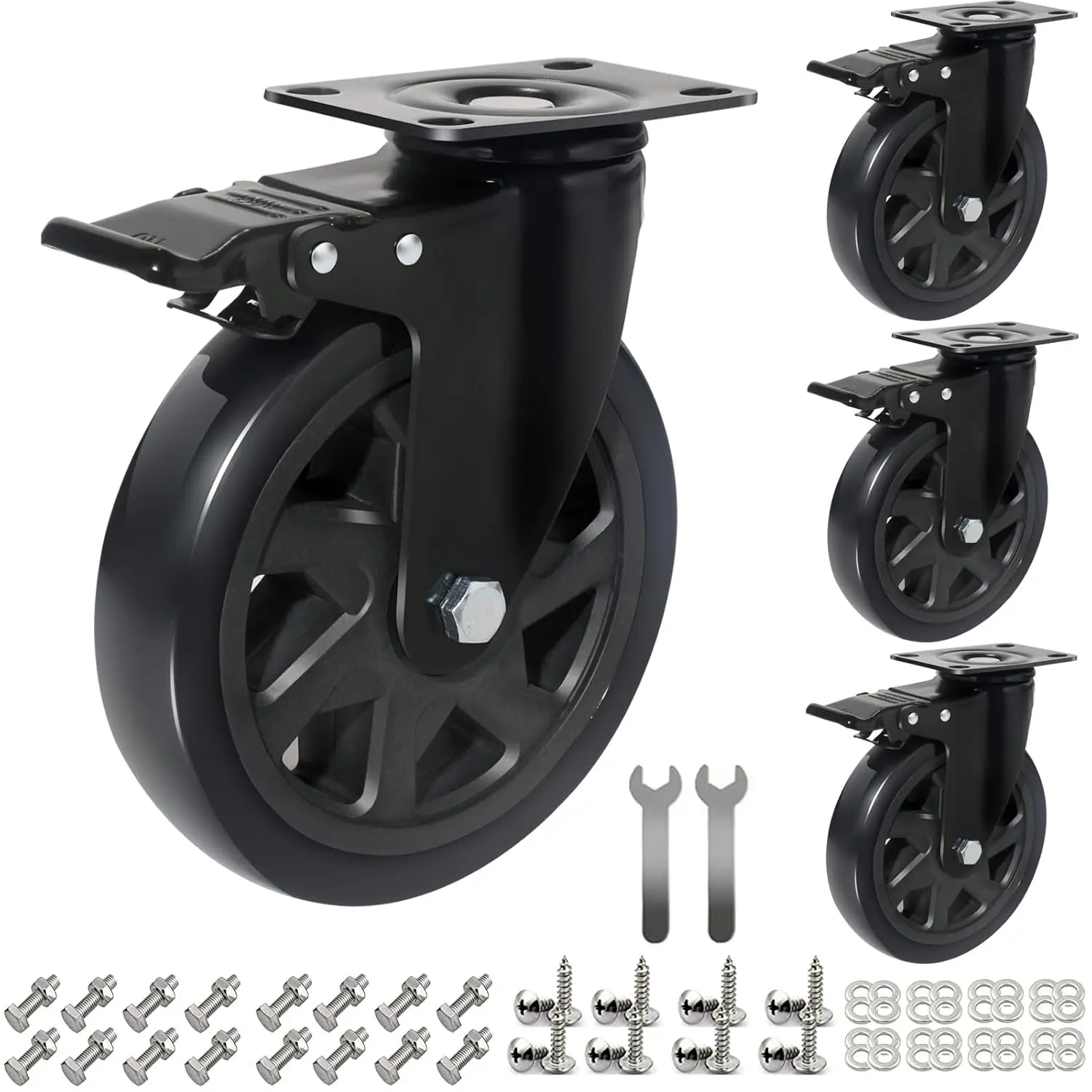 6 Inch Heavy Duty Caster Wheels Set of 4 with Brake, No Noise Polyurethane for Cart Furniture Workbench
6 Inch Heavy Duty Caster Wheels Set of 4 with Brake, No Noise Polyurethane for Cart Furniture Workbench