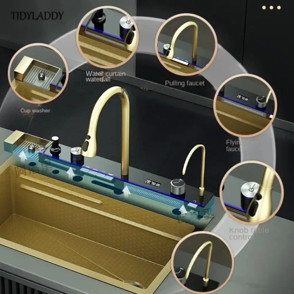 Luxury Black Golden Waterfall Kitchen Sink Integrated Multifunction Digital Display Set Stainless Steel Large Single Slot Sinks
Luxury Black Golden Waterfall Kitchen Sink Integrated Multifunction Digital Display Set Stainless Steel Large Single Slot Sinks