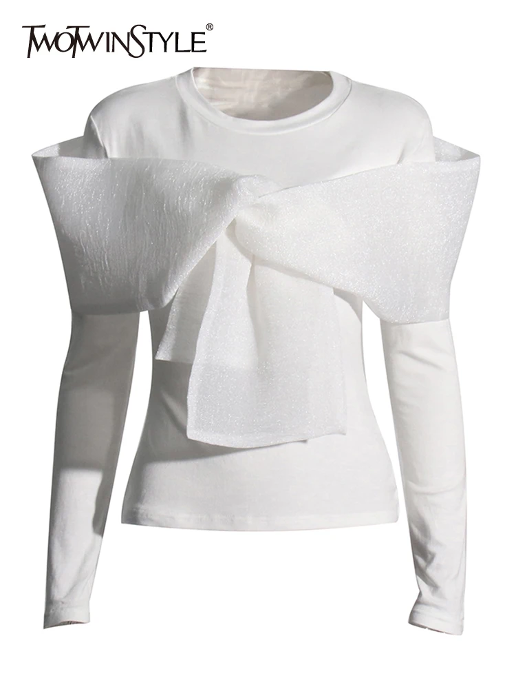 TWOTWINSTYLE Patchwork Bowknot Slimming T Shirts For Women Round Neck Long Sleeve Tunic Chic Pullover T Shirt Female Fashion New
TWOTWINSTYLE Patchwork Bowknot Slimming T Shirts For Women Round Neck Long Sleeve Tunic Chic Pullover T Shirt Female Fashion New