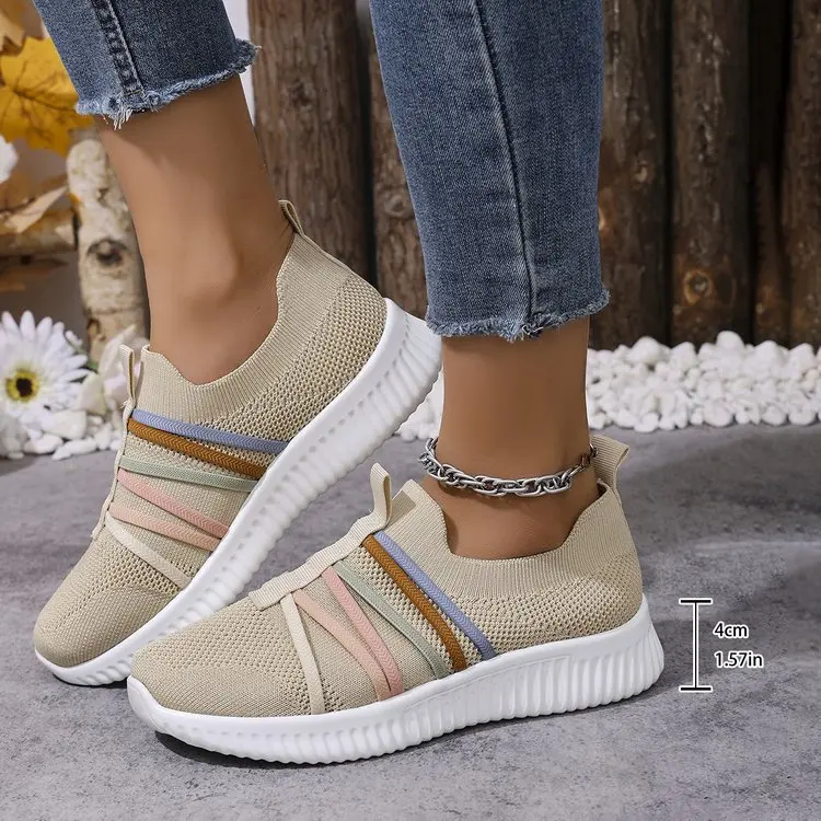 Low-cut Stretch Collar Women Knit Slip-on Shoes, Multi Color Woven Stripe Accents, Lightweight Solid White Sole Leisure Footwear
Low-cut Stretch Collar Women Knit Slip-on Shoes, Multi Color Woven Stripe Accents, Lightweight Solid White Sole Leisure Footwear