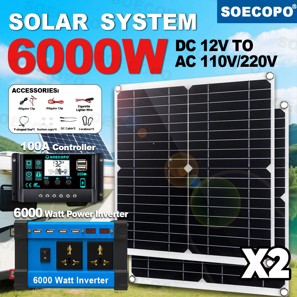 SOECOPO 6000W Peak Solar System Kit Complete 2x300W Panels 100A Controller and 12V To 110V 220V Inverter for Camping RV Car Boat
SOECOPO 6000W Peak Solar System Kit Complete 2x300W Panels 100A Controller and 12V To 110V 220V Inverter for Camping RV Car Boat