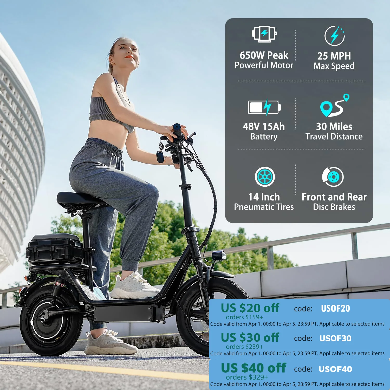 Folding electric scooter with trunk, 500W motor (peak 650W), 48V15AH, 20MPH, 30 mile long range, suitable for commuting travel
Folding electric scooter with trunk, 500W motor (peak 650W), 48V15AH, 20MPH, 30 mile long range, suitable for commuting travel