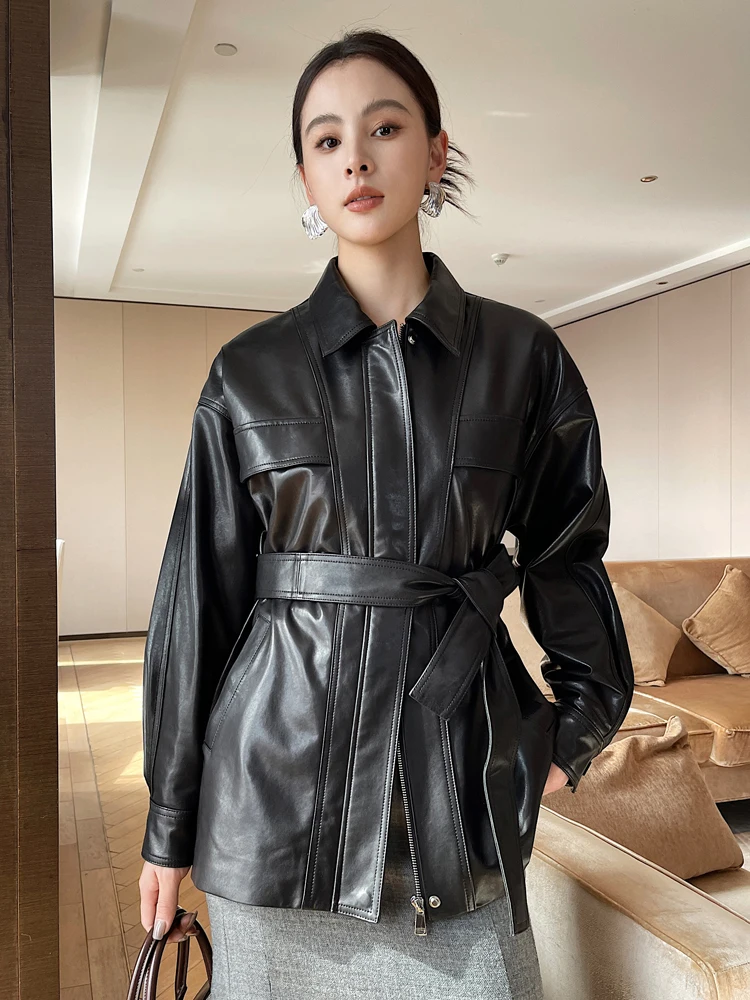 Lace-up Genuine Leather Windbreaker Jackets Women Spring Autumn 2026 New High-end Simple Casual Soft Black Real Sheepskin Coat
Lace-up Genuine Leather Windbreaker Jackets Women Spring Autumn 2026 New High-end Simple Casual Soft Black Real Sheepskin Coat