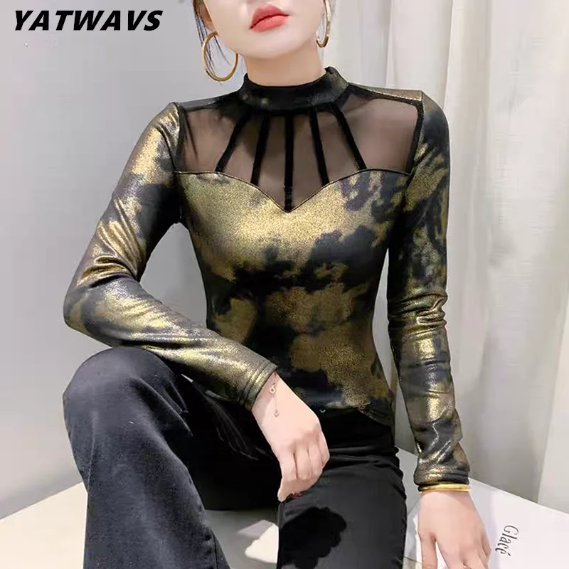 Korean Fashion Elegant Women's T-shirt Classic Print Long Sleeve Stand Collar Tops Streetwear Girl Slim Sexy Hollow Out Tees
Korean Fashion Elegant Women's T-shirt Classic Print Long Sleeve Stand Collar Tops Streetwear Girl Slim Sexy Hollow Out Tees