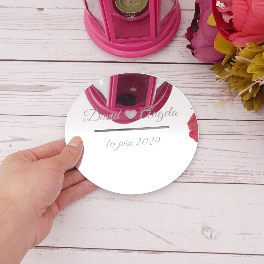 Custom Couples Name Sign Mirror Round Shape Acrylic Cover Long Hole For Wedding Party Decoration Box Lid
Custom Couples Name Sign Mirror Round Shape Acrylic Cover Long Hole For Wedding Party Decoration Box Lid